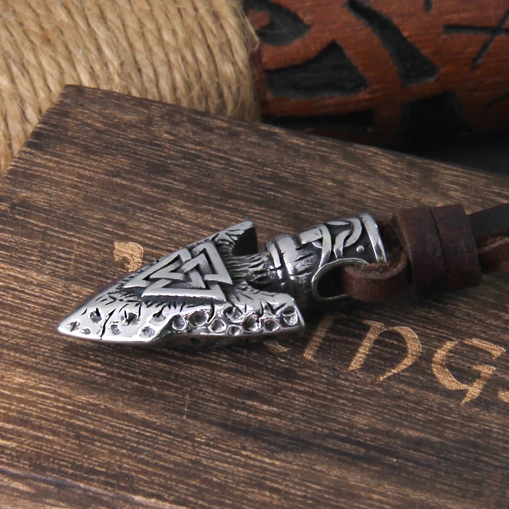 Valknut Viking Spear Stainless Steel Pendant Necklace with Wooden Box