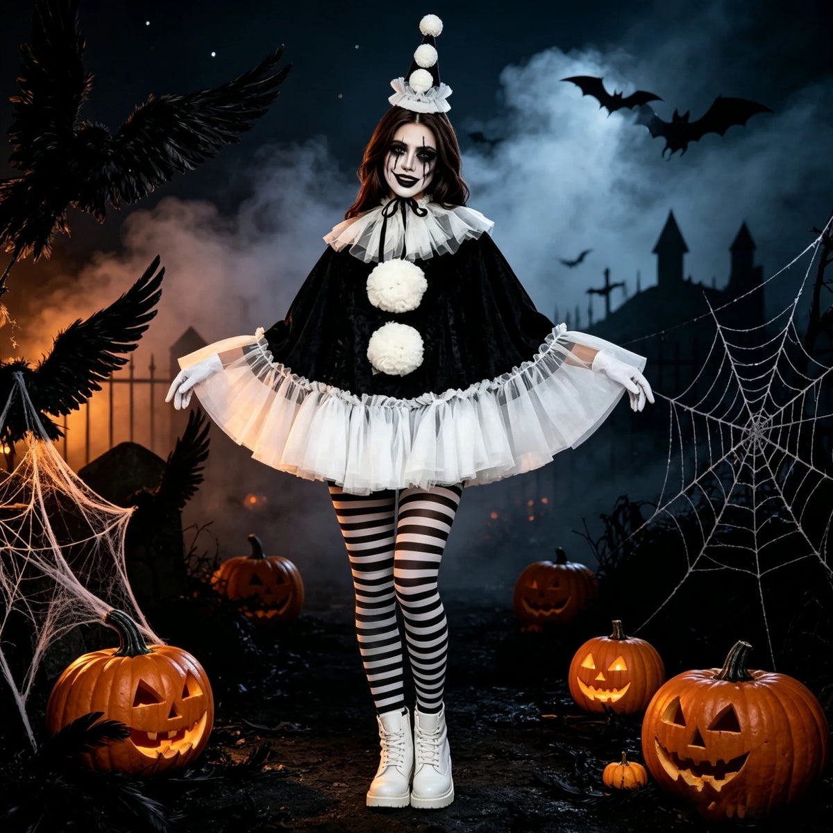 Women Pierrot Clown Costume 3Pcs Halloween Clown Cosplay Set