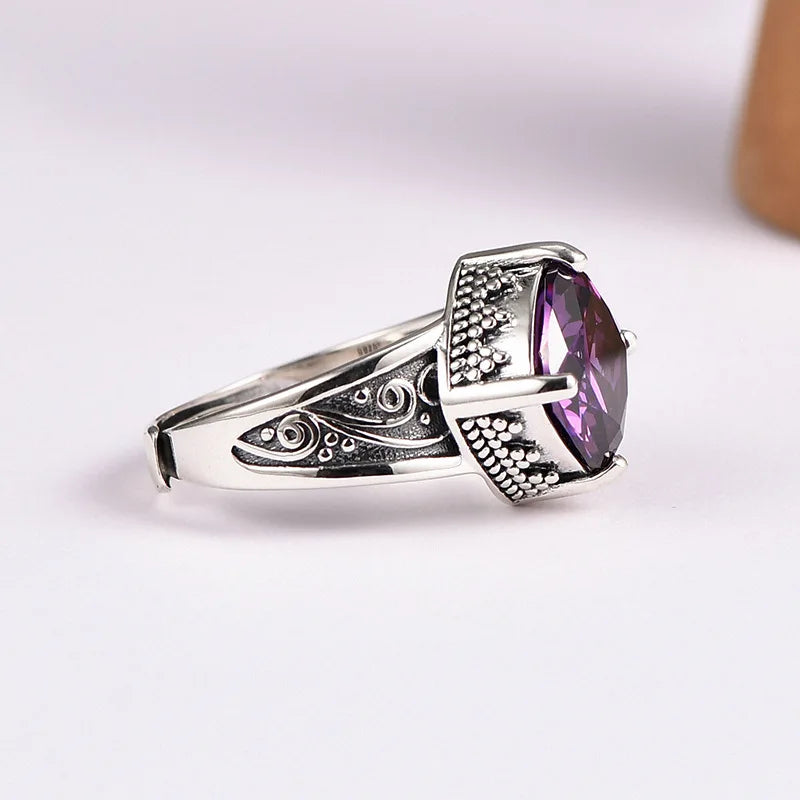 Token of the Wyverns S925 Sterling Silver Ring Ancient Pattern Rhombus Purple Zircon