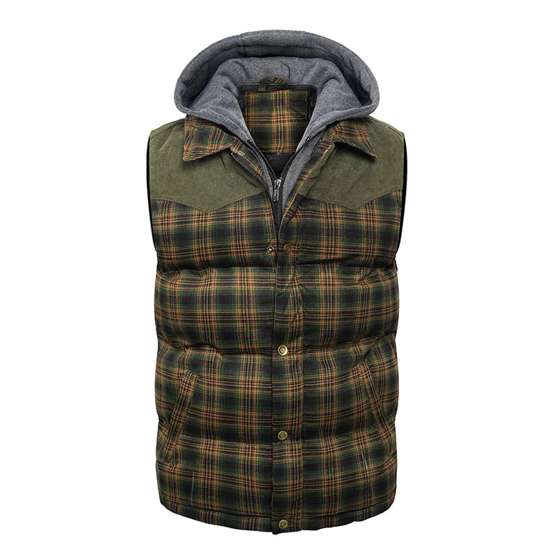 Woodsman Cotton Plaid Hooded Puffer Vest Jacket Thick Warm Winter Plaid Sleeveless Coat
