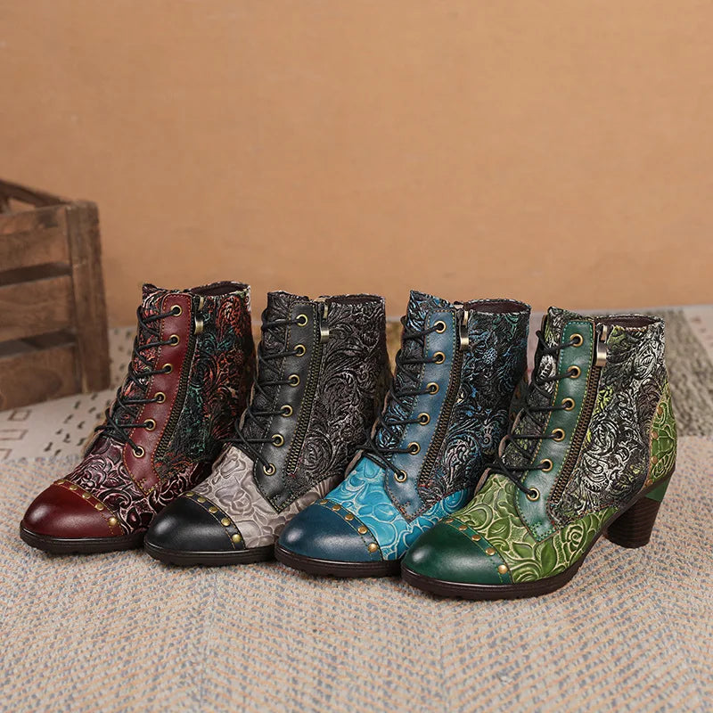 Aggy's Vintage Floral Genuine Leather Patchwork Rivet Handmade Heeled Ankle Boots Shoes