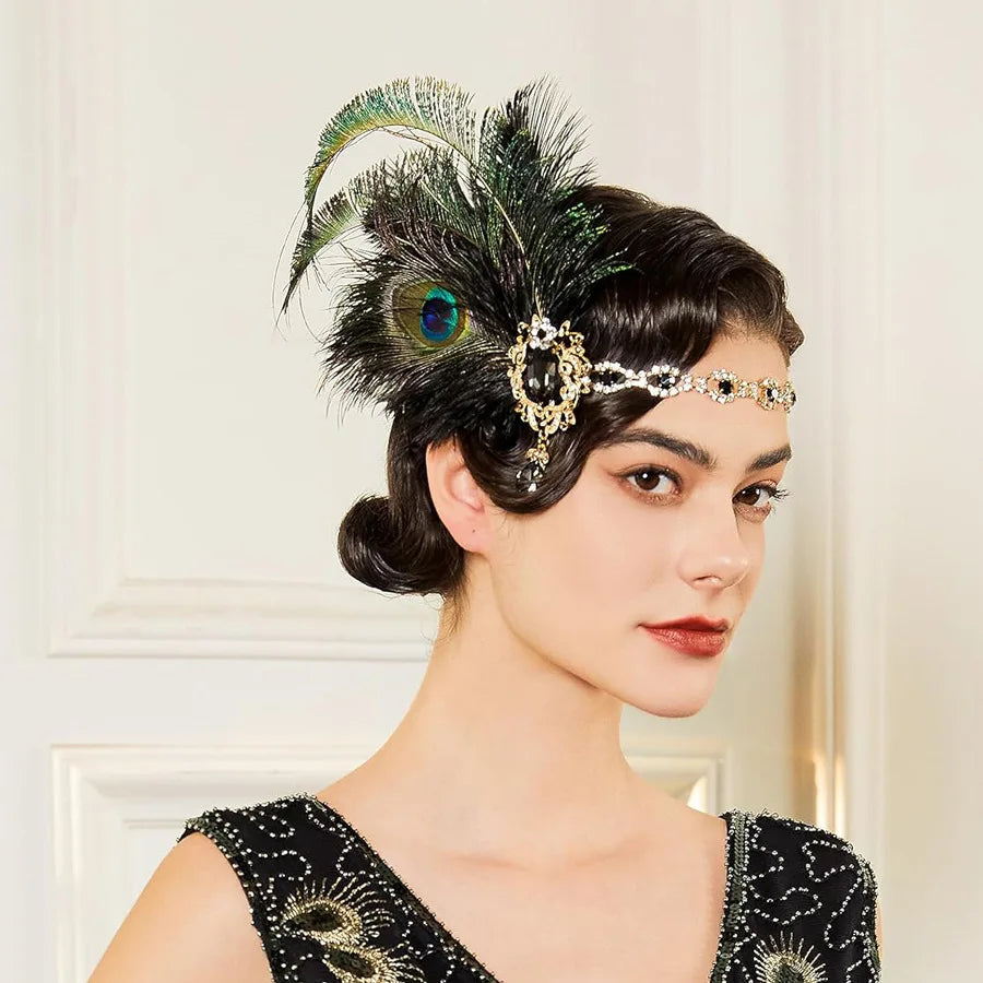 1920s Flapper Peacock Feather Headband Roaring 20s Great Gatsby Hair Accessories