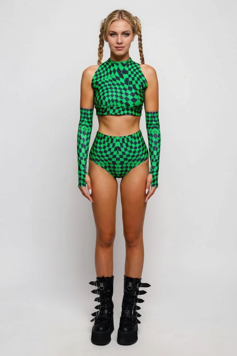 Roller Derby Performance Outfit Women High Neck Crop Set Rave Party Clubwear Printed Bodycon Set