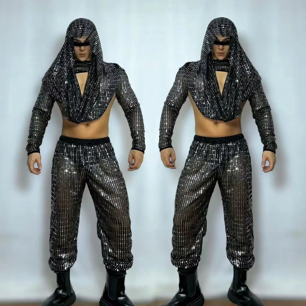 Mens Dance Costume Black Sequins Hool Top Pants Bar Nightclub DJ Male Stage Rave Outfit