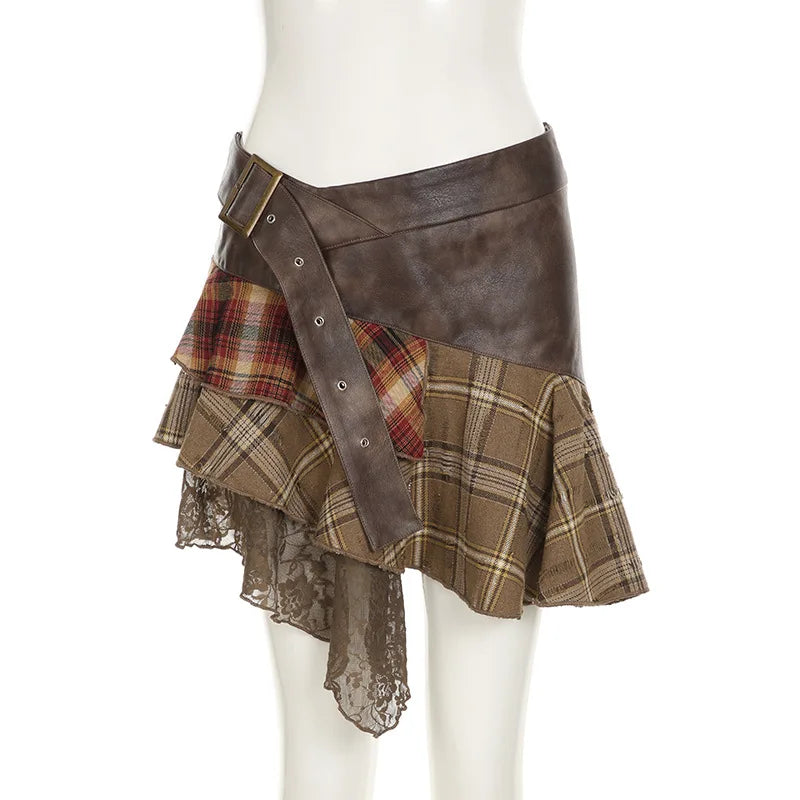 Goblincore Grunge Irregular Spliced Lace Plaid Skirt