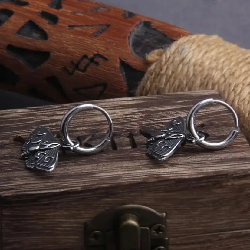 Pagan Moth Moon Phase Stainless Steel Earrings with Wooden Box