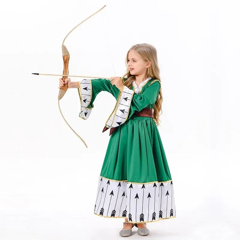Medieval Carnival Green Long Sleeved Archery Princess Cosplay Dress