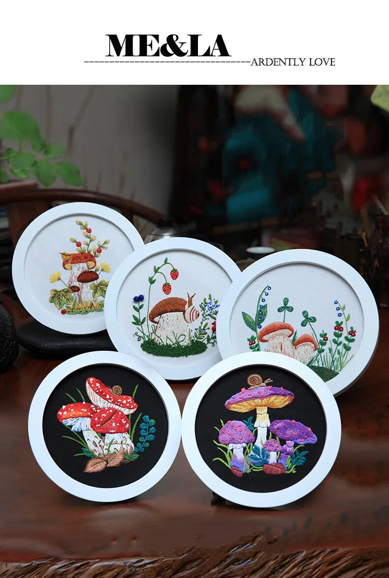 DIY Mushroom Embroidery Kit with Hoop Beginner Needlework Set