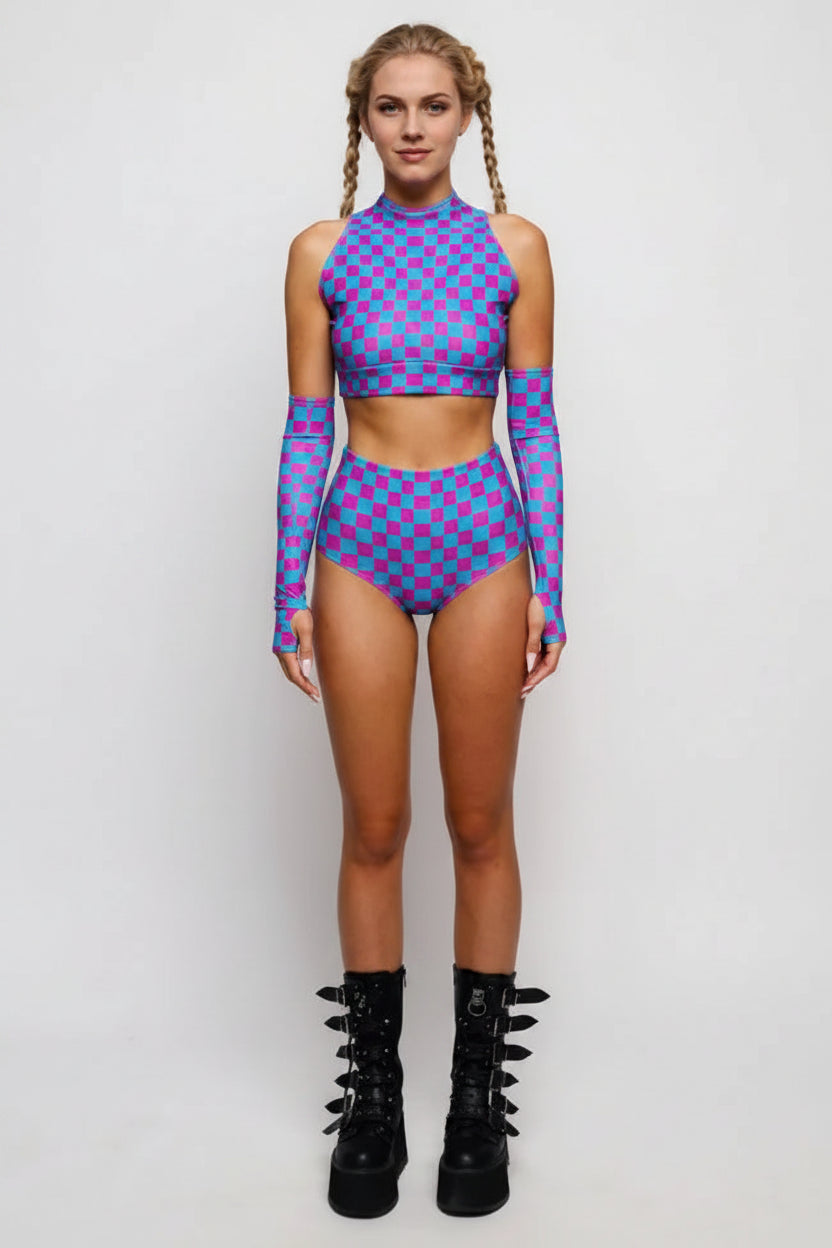 Roller Derby Performance Outfit Women High Neck Crop Set Rave Party Clubwear Printed Bodycon Set