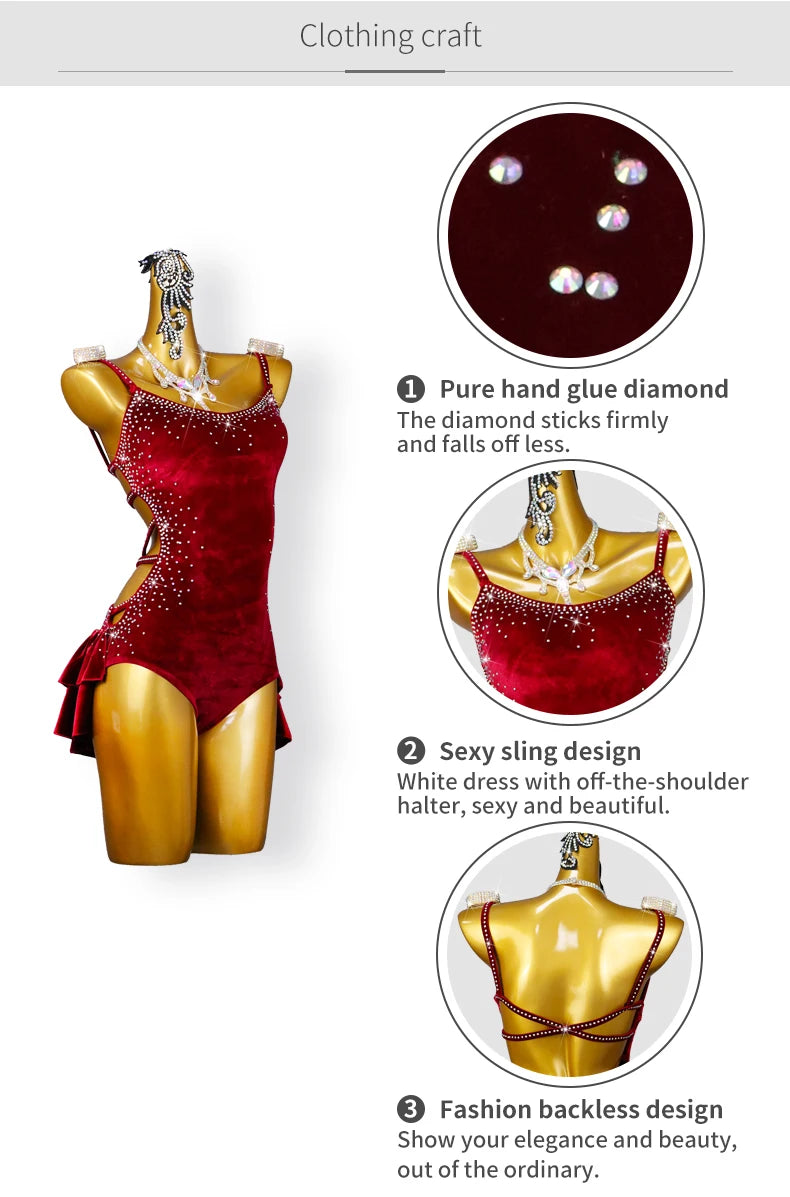 Red Velvet Latin Dance Dress Professional Cha-Cha Line Suit