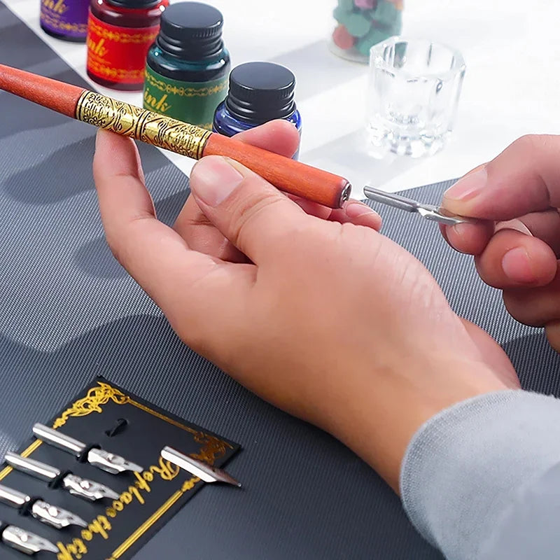 Golden Feather Quill Pens Set Dip Fountain Pens Ink Stationery Writing Gift Box Sets
