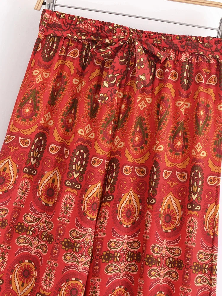 Nuri's Boho Red Floral Print Wide Leg Pants
