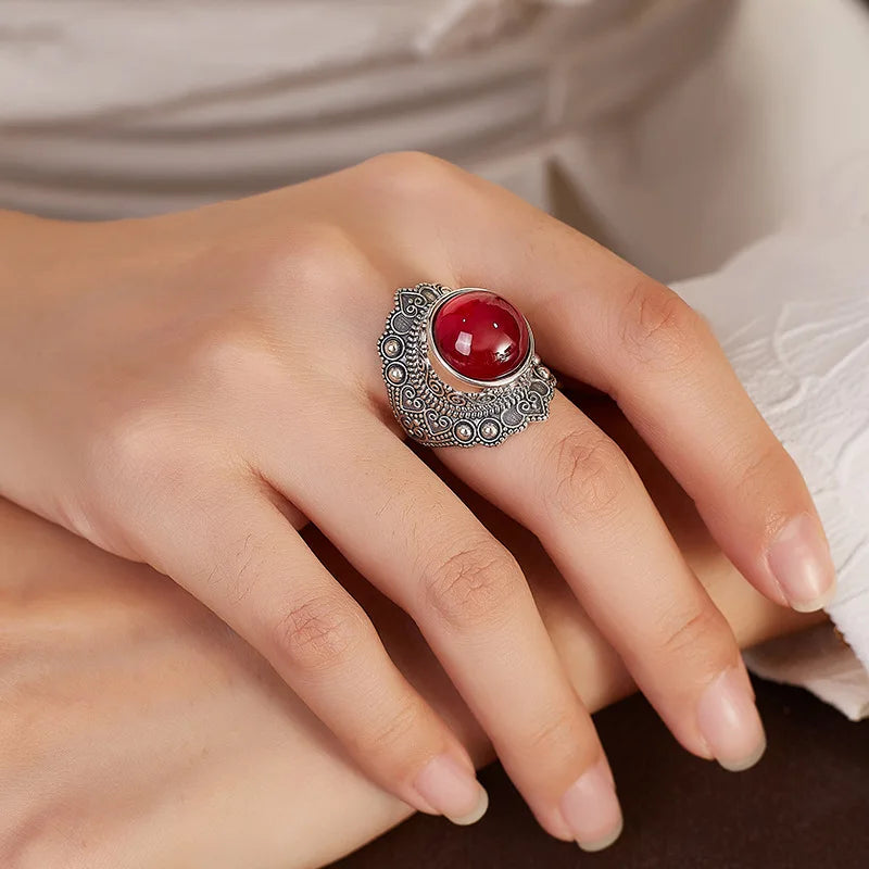 The Sage One's S925 Sterling Silver Rings Ancient Emboss Pattern Corundum