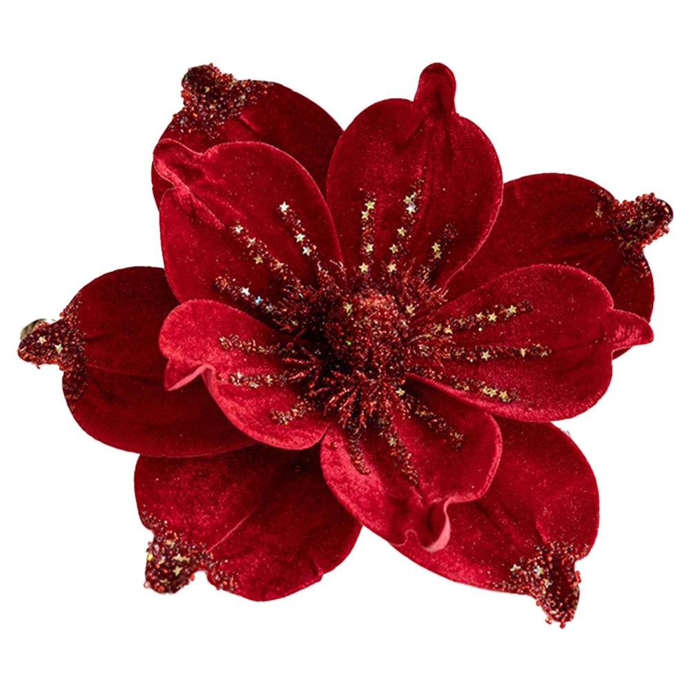 24cm Large Glitter Christmas Flowers Artificial Magnolia Flower Ornament Floral Xmas Tree Decorations
