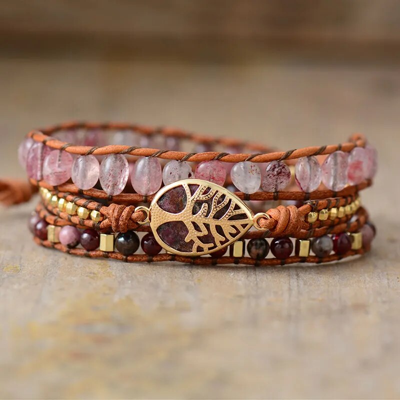 Rose Teardrop Natural Stones 3 Strand Wrap Bracelets
