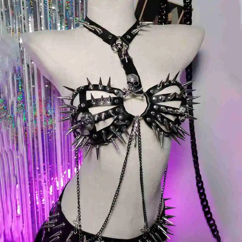 Spike Rivet Studded Goth Punk Rock Grunge Revival Skull Chest Harness