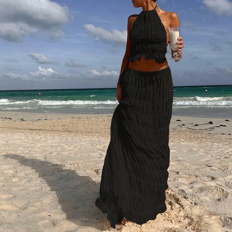 Summer's Ruched Halter Cami Tops + Maxi Skirt 2 Piece Set