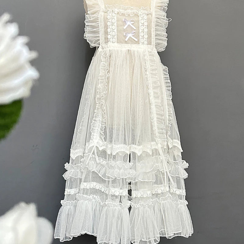 Sweet Lolita Aprons Sheer Mesh Ruffled Lace Over Layer
