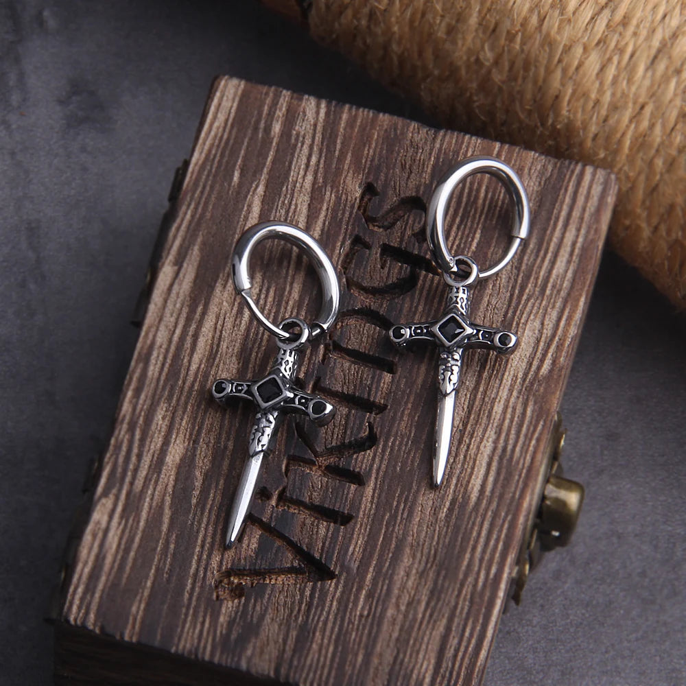 Gothic Dagger Sword Stainless Steel Huggie Hoop Earrings for Men with Wooden Box