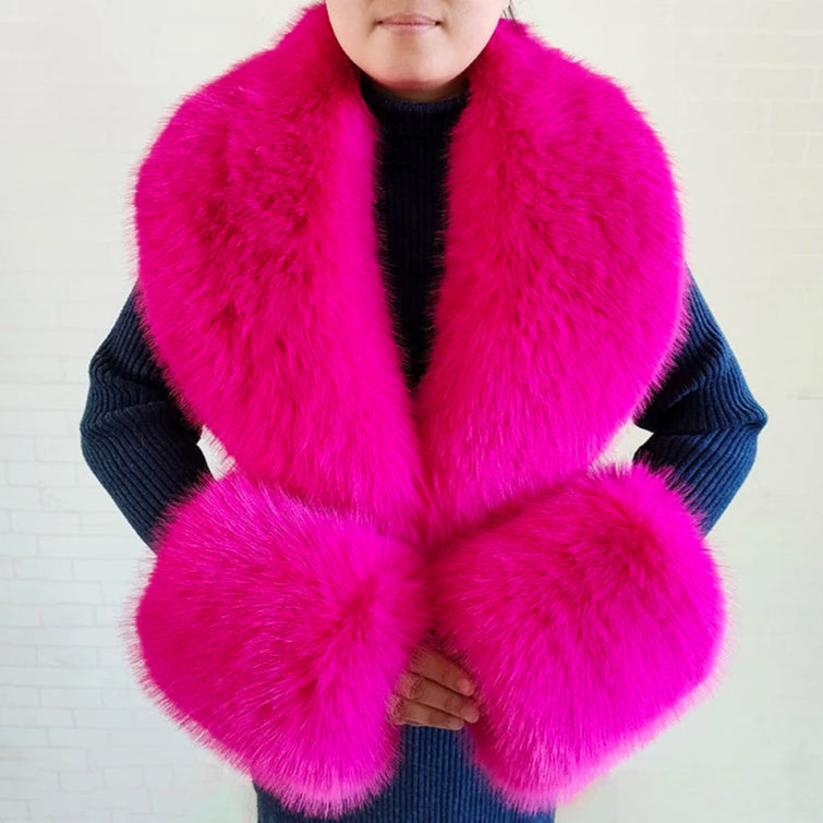 Large Faux Fox Fur Scarf Winter Warm Fluffy Collar And Cuff Sets 19 Colours