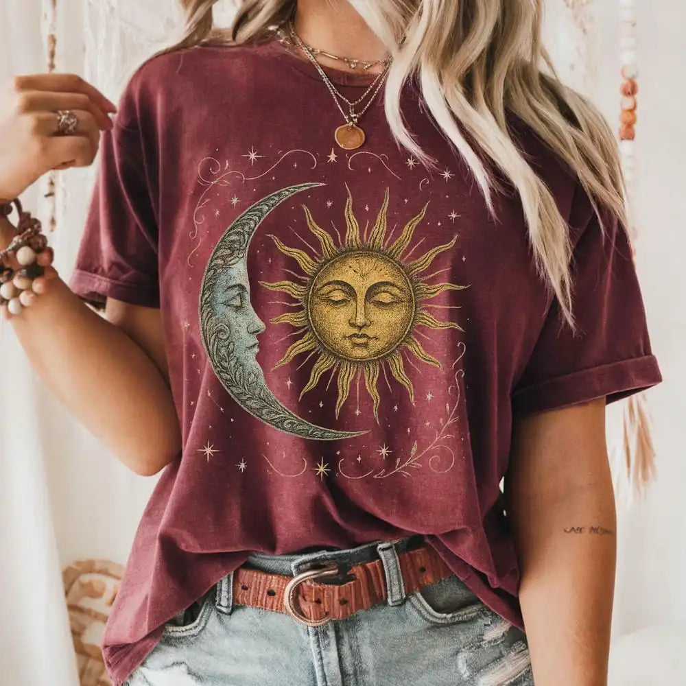 Boho Celestial Moon and Radiant Sun Cotton T-shirt