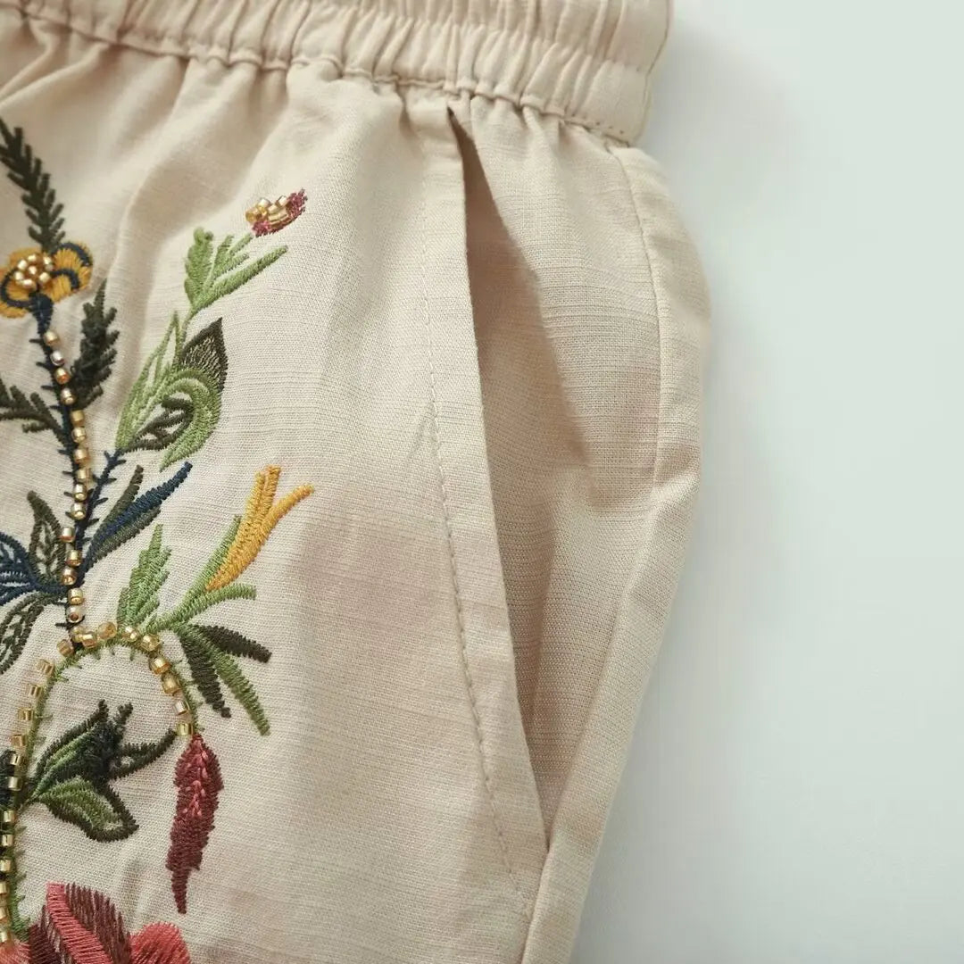 Terra's Boho Summer Cotton Linen Short Sets Camis Top Floral Folk Style Embroidery