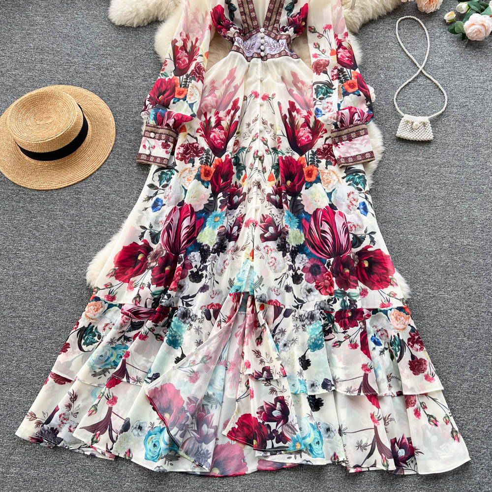Mandy's Spring Boho Floral Chiffon Cascading Ruffles Dress