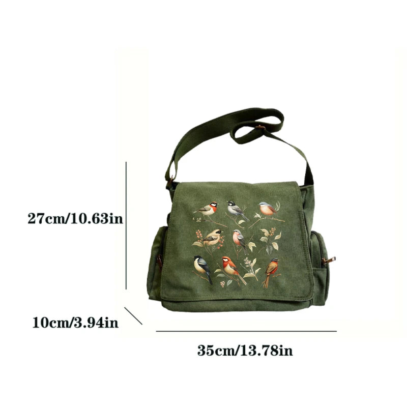 Bird Watcher Print Canvas Shoulder Bag Crossbody Messenger Bag