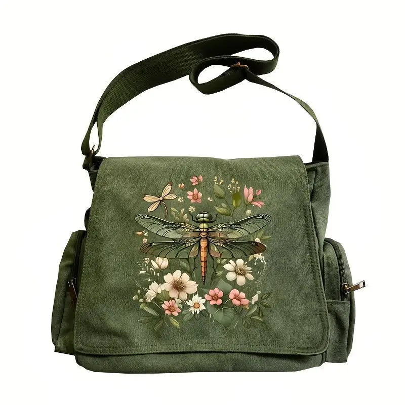 Dragonfly Print Canvas Shoulder Bag Crossbody Messenger Bag