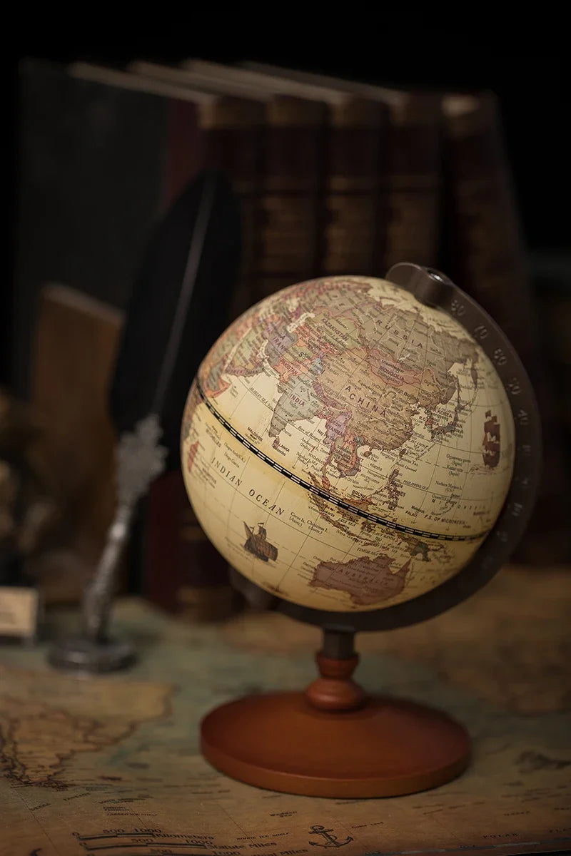 World Globe Earth Map Retro Wooden Base Desk Decor