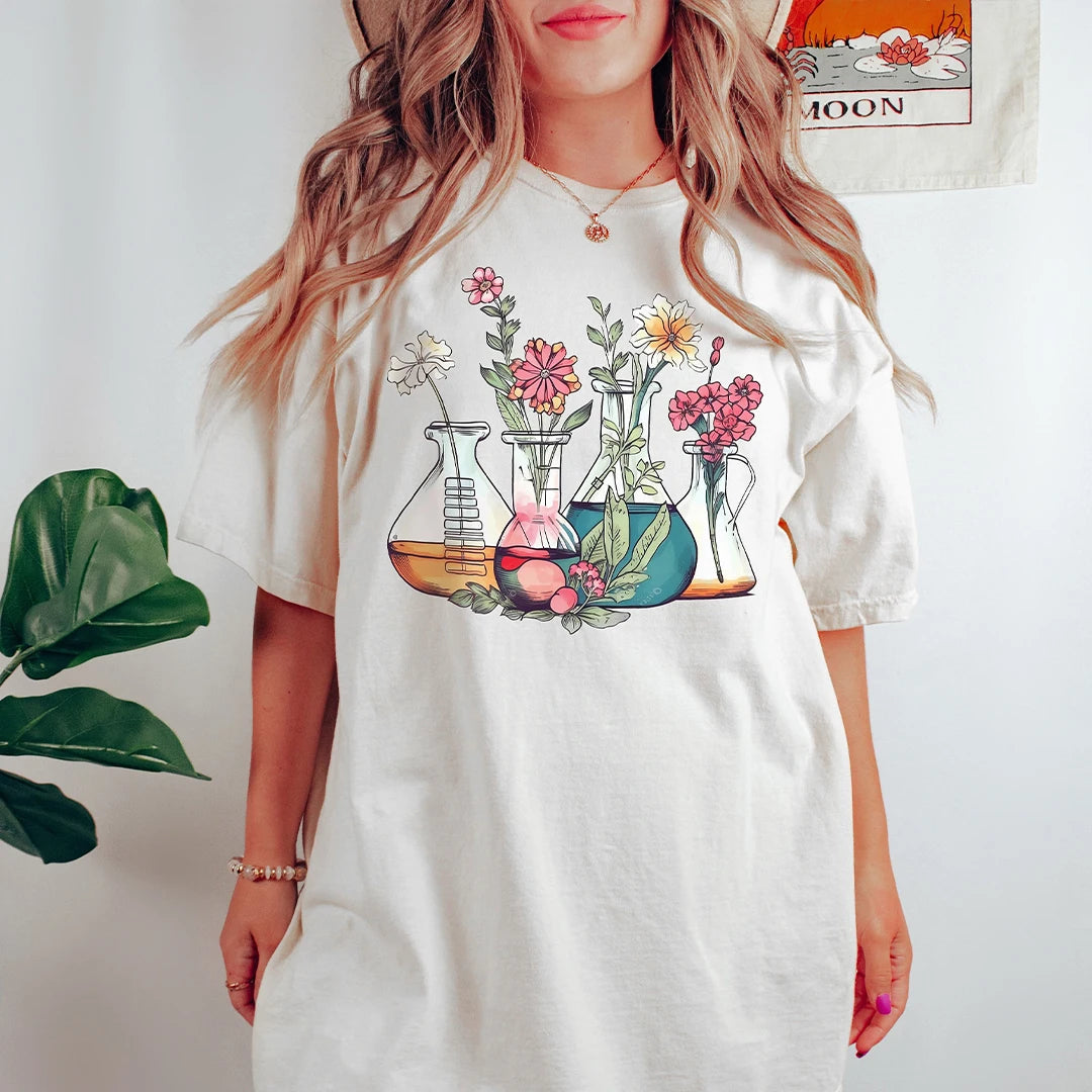 Floral Beakers Chemistry Lab Scientist T-Shirt Biology Teacher Cotton Tee