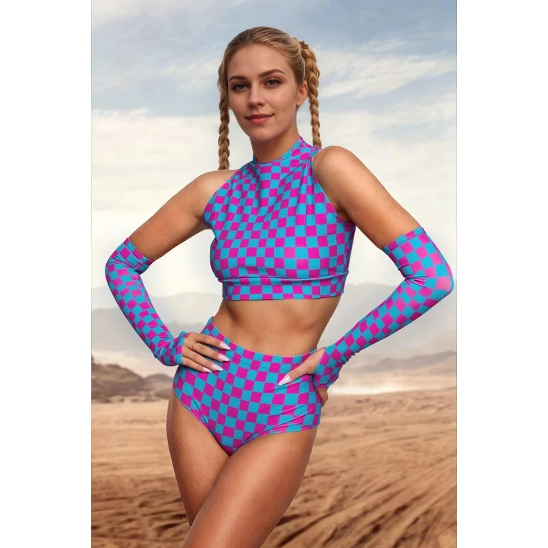 Roller Derby Performance Outfit Women High Neck Crop Set Rave Party Clubwear Printed Bodycon Set