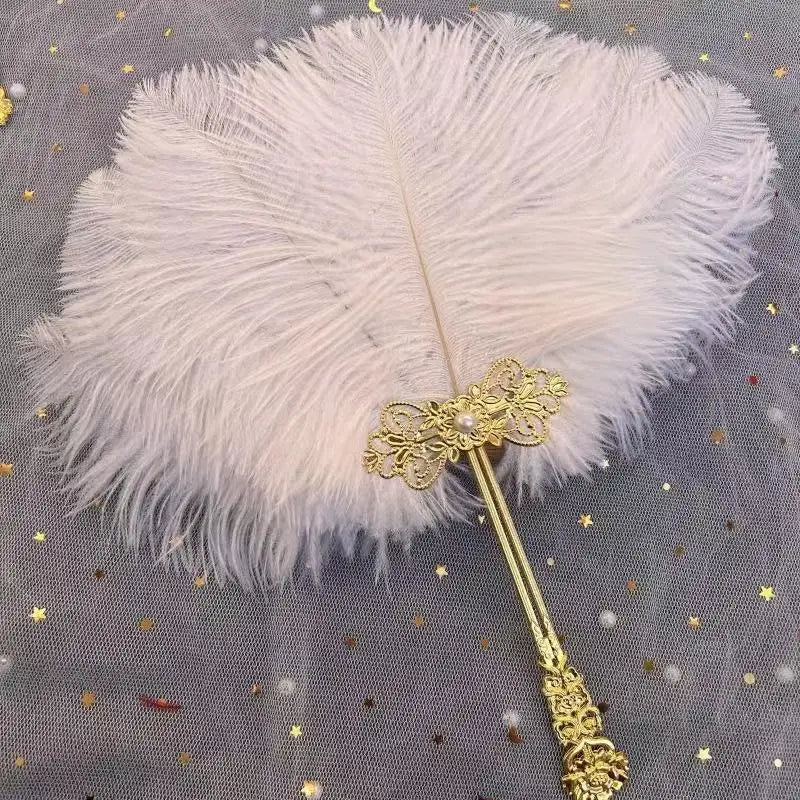 Ostrich Feather Fan Round Fan with Golden Hollow Handle Court Dance Hand Fans