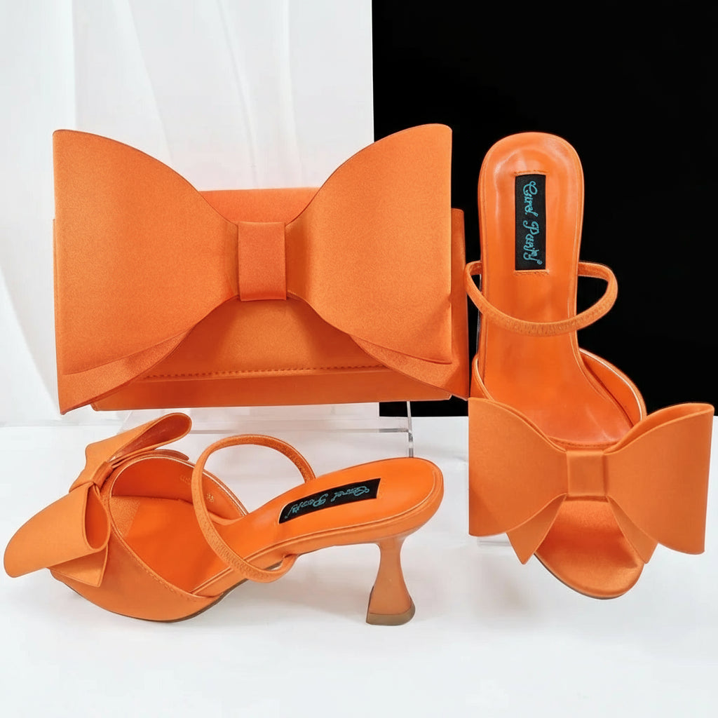 Big Butterfly Bow Pointed Toe Heel Shoes and Matching Bag Set Wedding Party Pumps