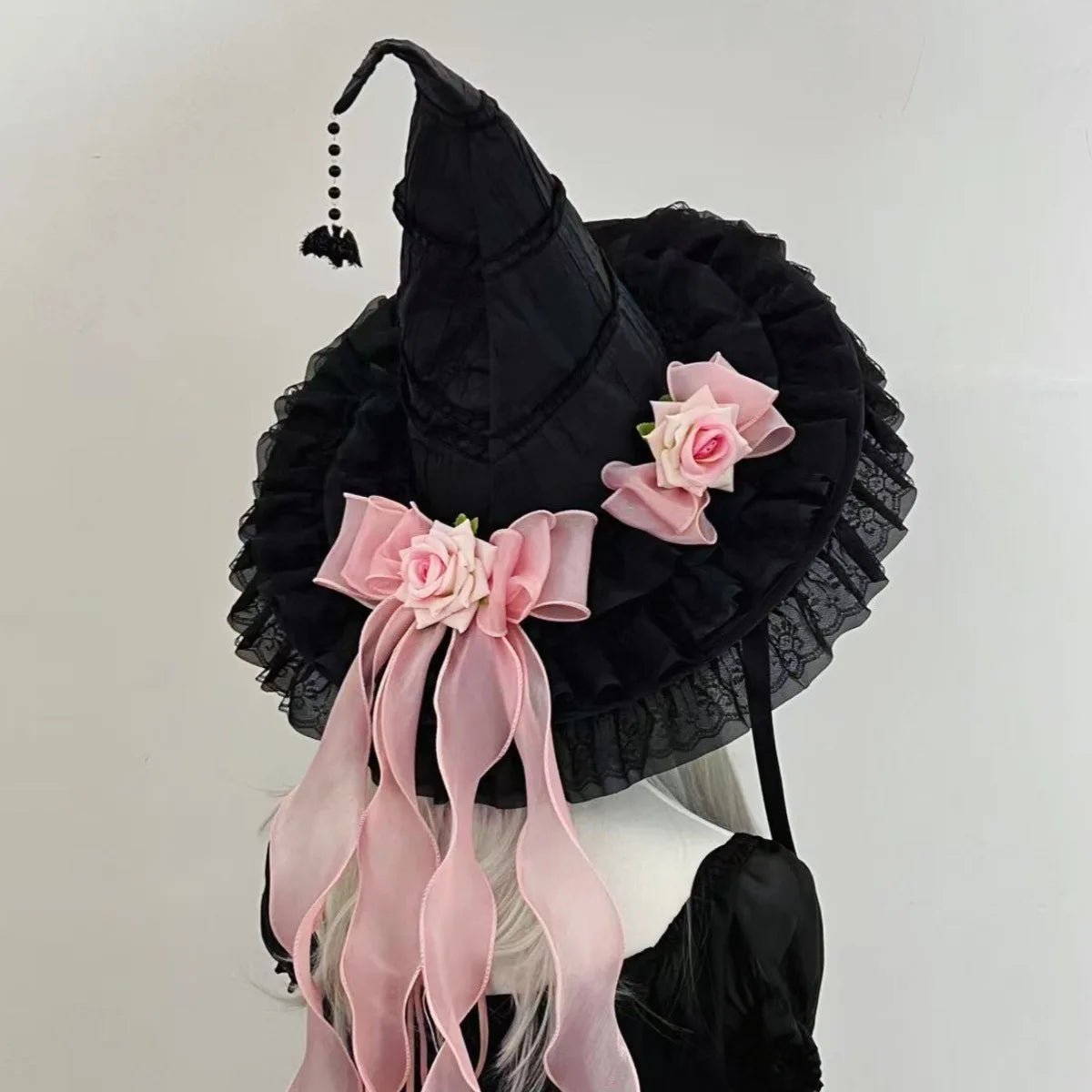 Gothic Witch's Hat Black Ruffled Lace Rose Bow Ribbon Halloween Party Cosplay Costume Props Decor
