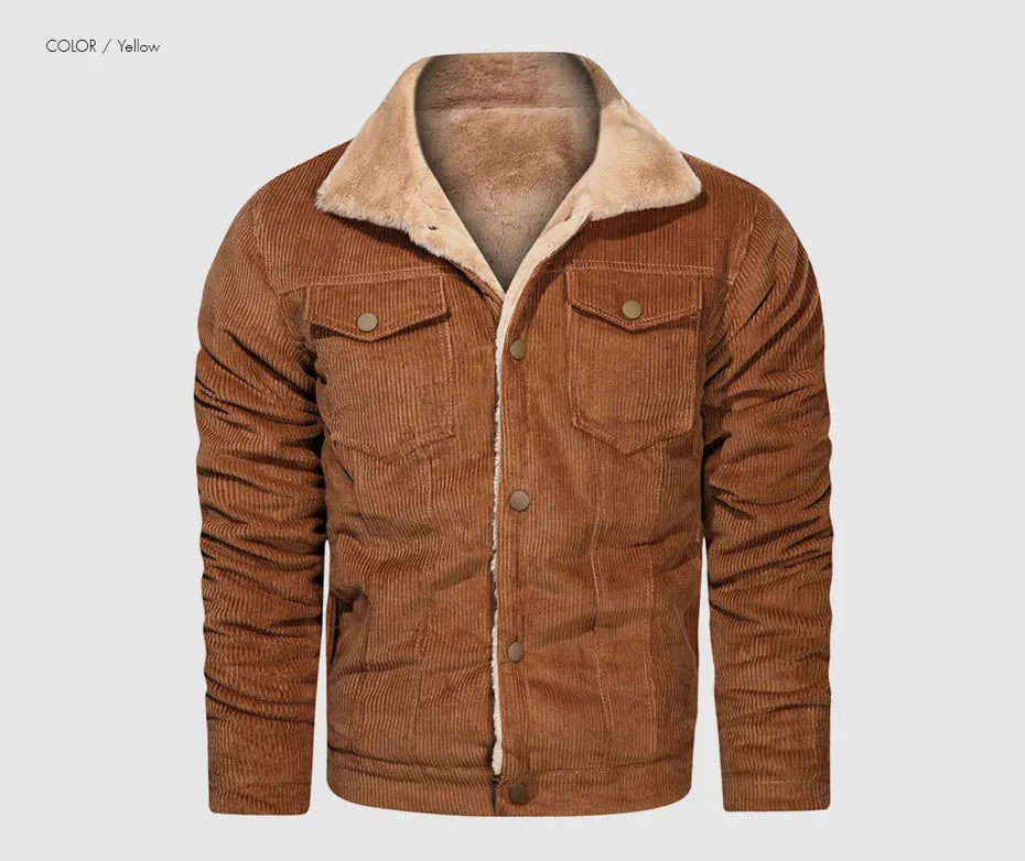 Woodsman Winter Corduroy Jackets Thick Warm Faux Fur Collar Bomber Coat