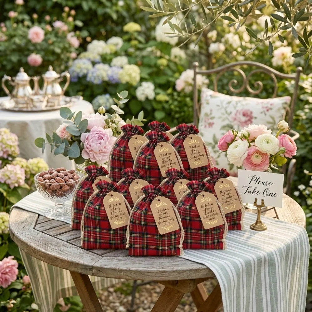 10PCS Linen Christmas Plaid Drawstring Bags Gift Pouches
