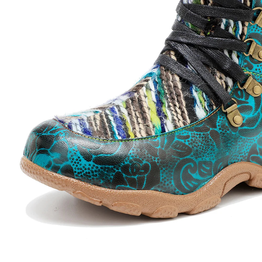 Maria's Genuine Leather Wool Spliced Lacing Comfortable Flat Boots Shoes
