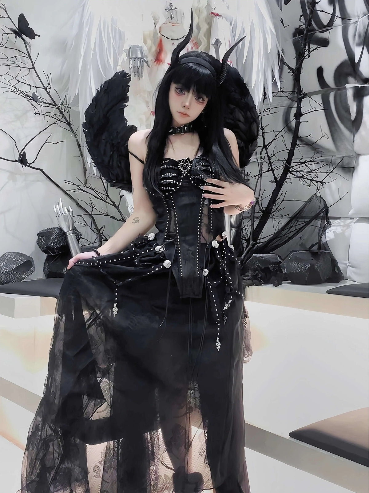 Pure Black Gothic Black Skeleton Hands Laced Corset Top