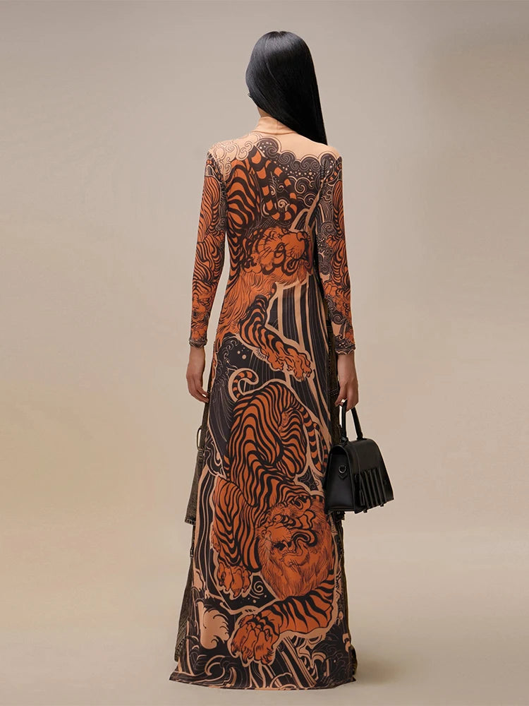 Tiger Print Mesh Dress Long Top Waist High Splits High Elasticity