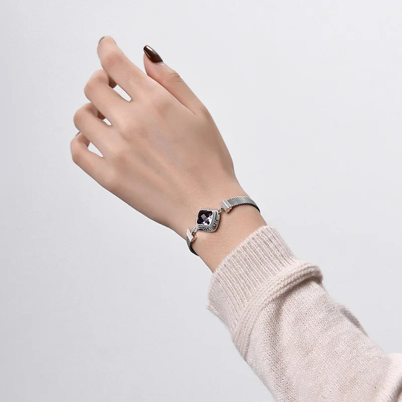 The Gate Keeper's S925 Sterling Silver Bracelet Amethyst Smoky Quartz Flat Woven-chain Jewellery