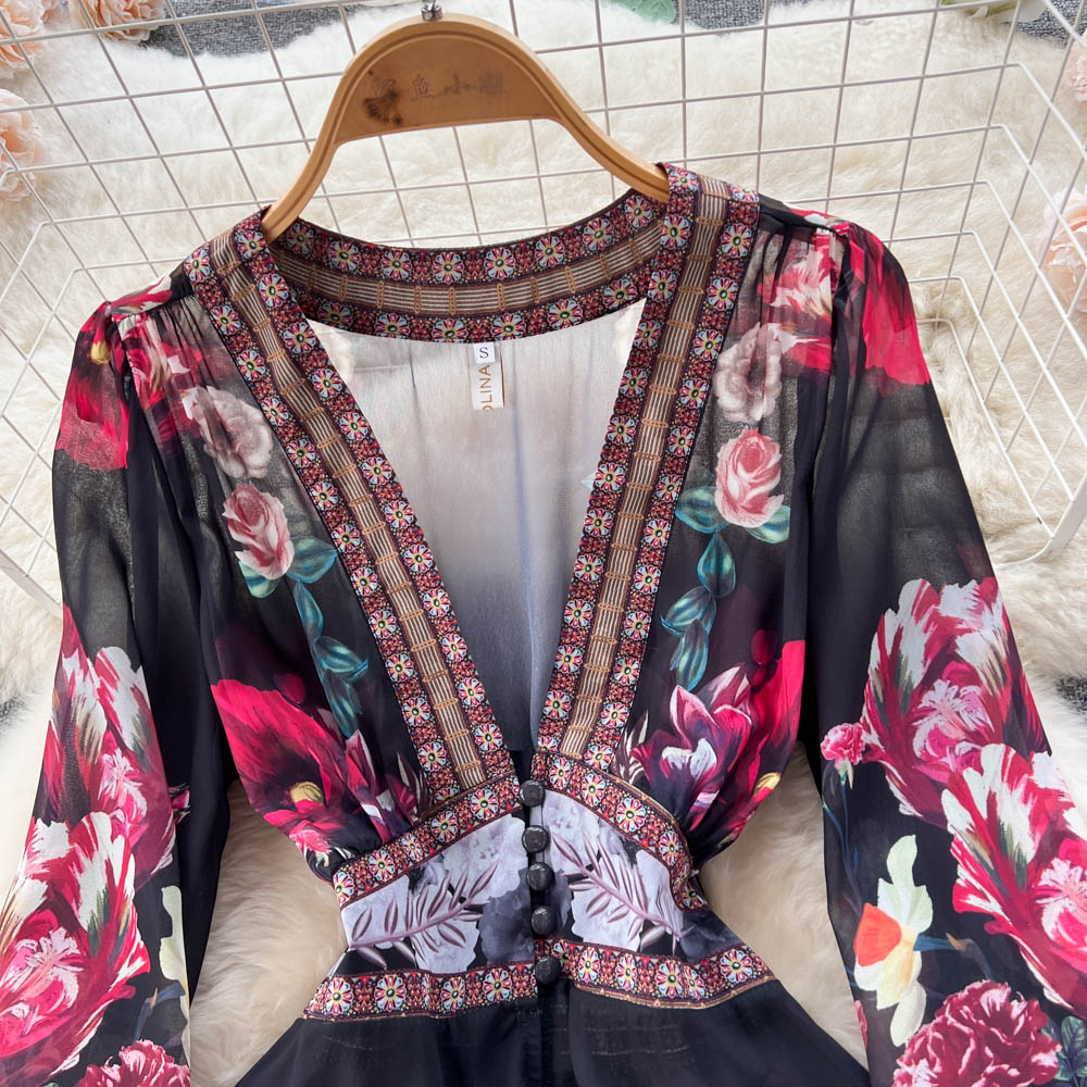 Mandy's Spring Boho Floral Chiffon Cascading Ruffles Dress