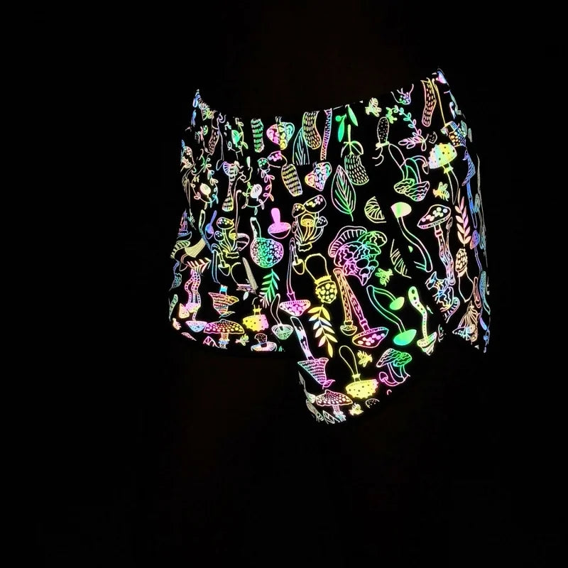 Reflective Mushroom Print Shorts Cropped Hoodie
