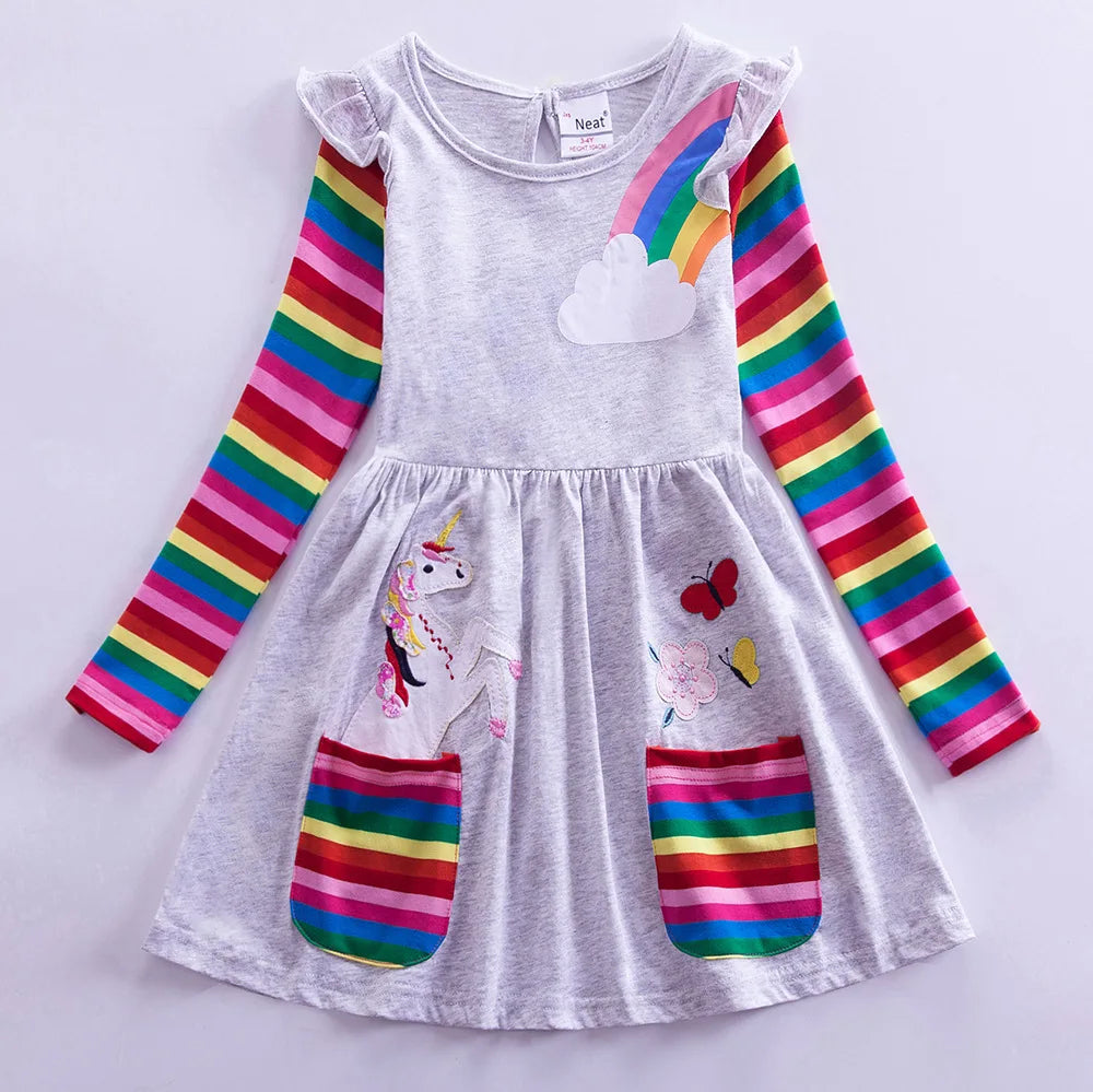 Girls' Long Sleeve Unicorn Dress Two Pockets Rainbow Sleeves