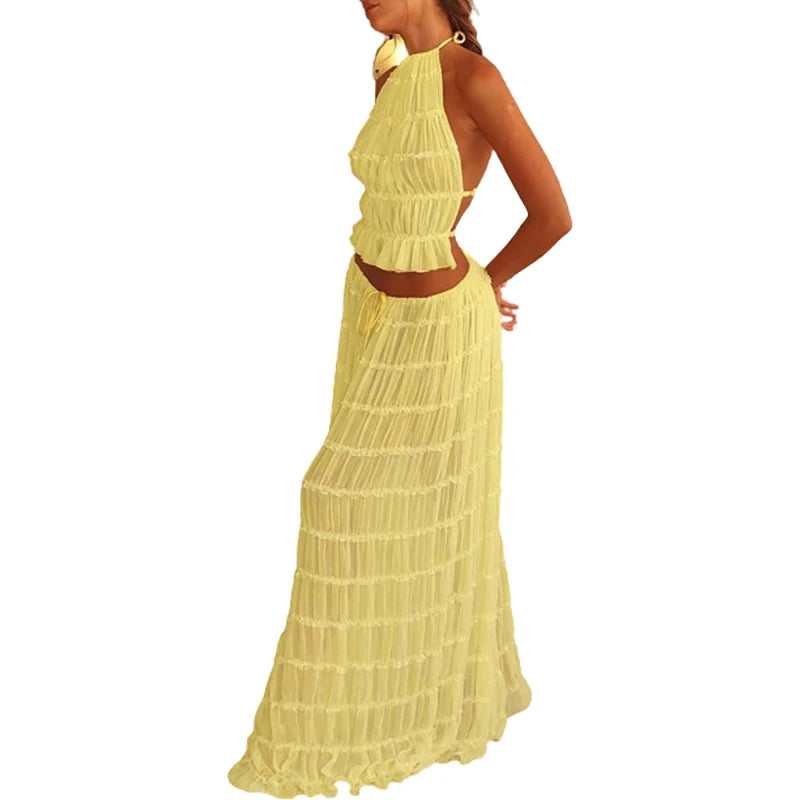 Summer's Ruched Halter Cami Tops + Maxi Skirt 2 Piece Set