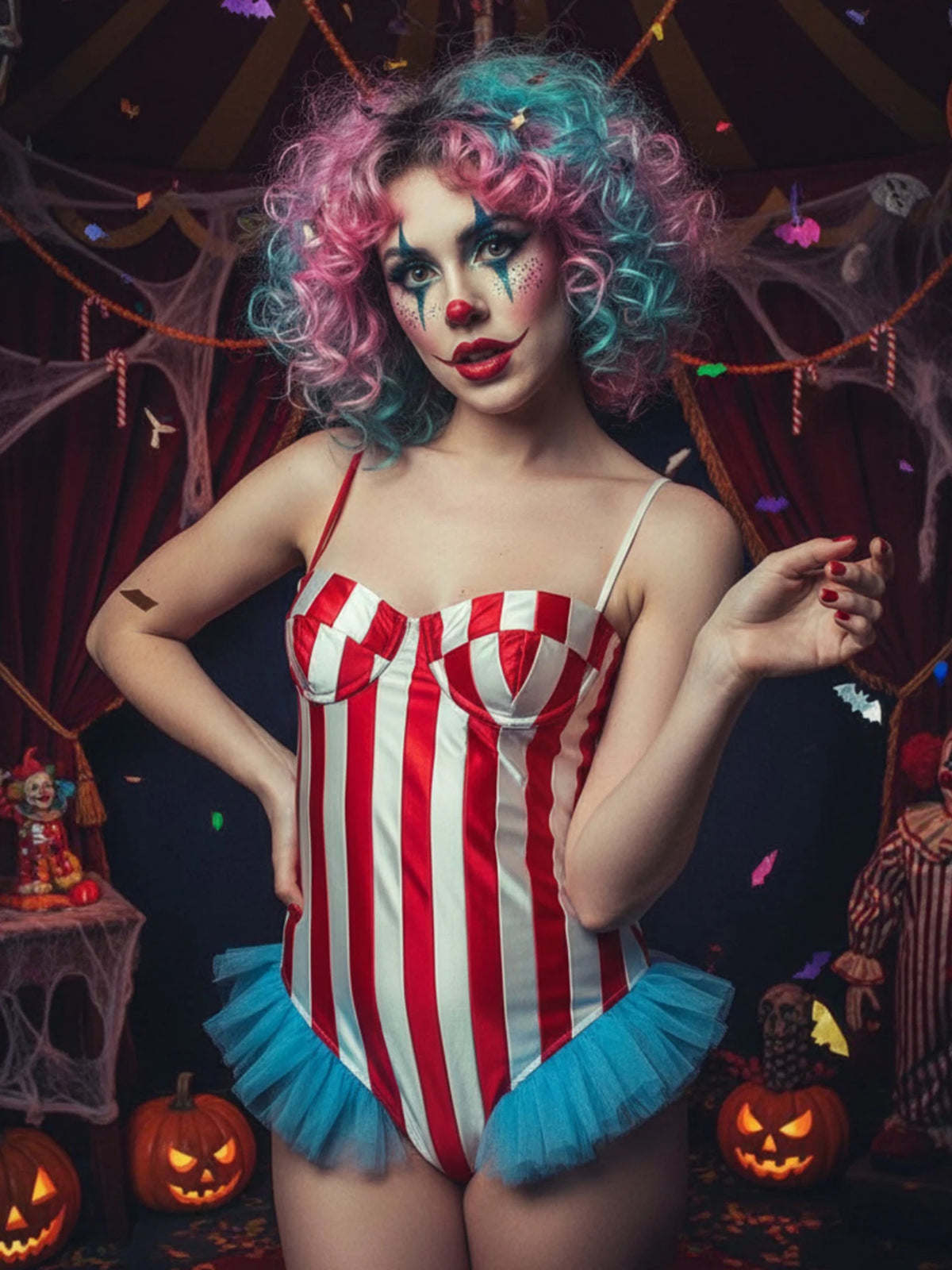 Vintage Circus Carnival Bodysuit Clown Stripes Playsuit Halloween Cosplay Costume