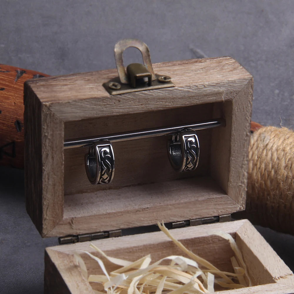 Viking Rune Huggie Hoop Earrings for Men Stainless Steel with Wooden Box