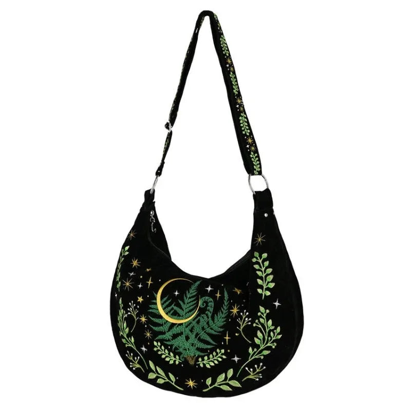 Night Forest Witch Embroidered Shoulder Bag