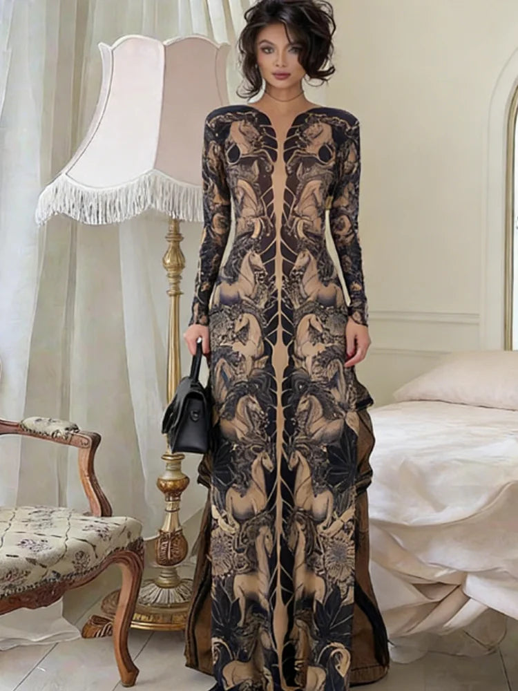 Wild Horses Full Sleeve Long Bodycon Dress Stretch
