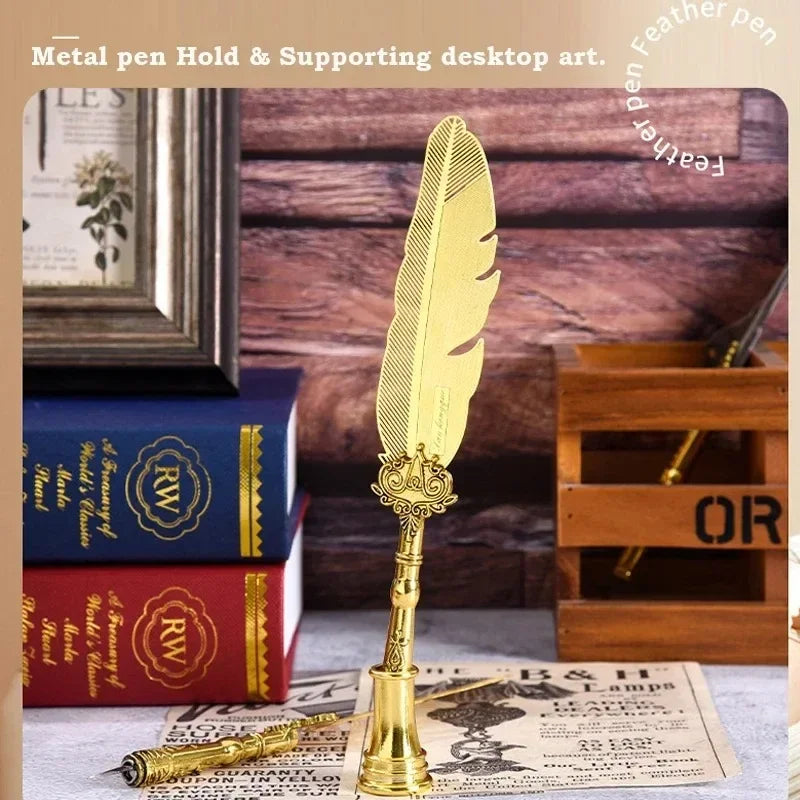 Golden Feather Quill Pens Set Dip Fountain Pens Ink Stationery Writing Gift Box Sets